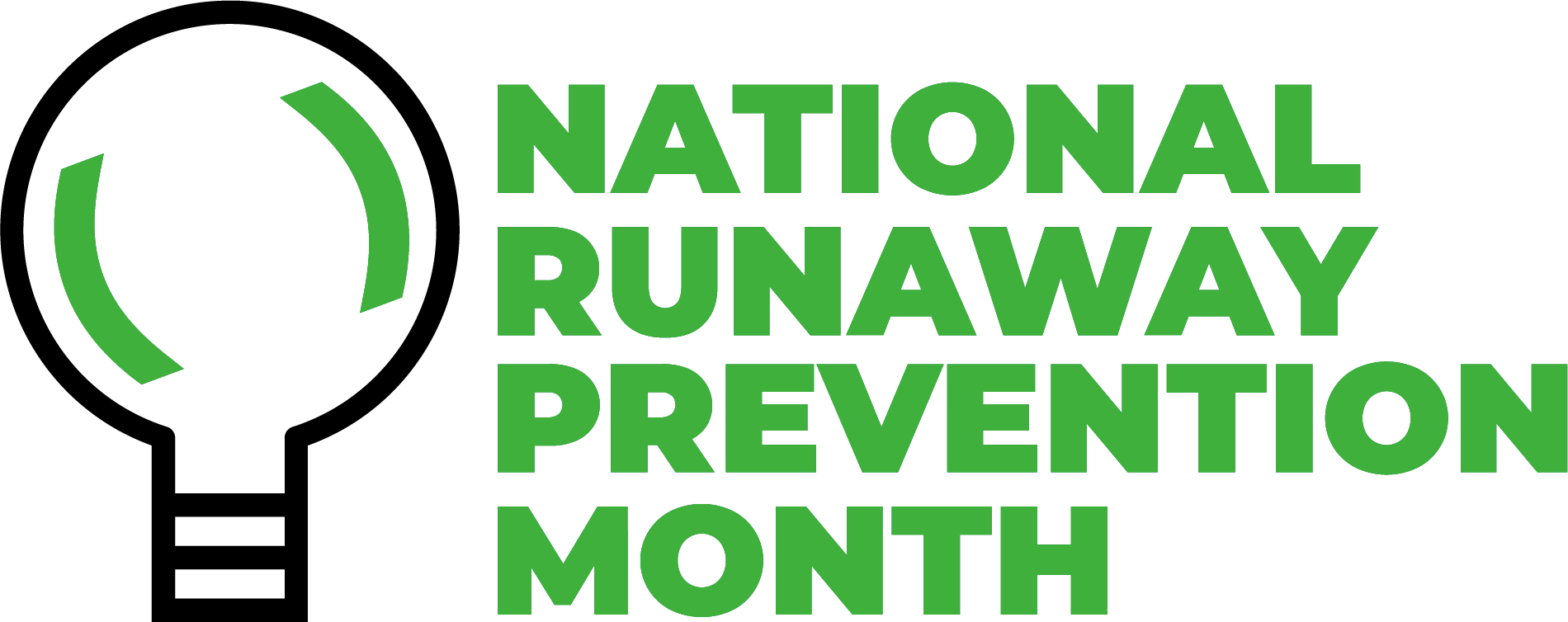 National Runaway Prevention Month 1 Black outline of ligthbulb with green marks to represent light. "National Runaway Prevention Month" in green text.